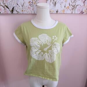 Vintage Y2K Hollister Green Hibiscus Ringer Tee 🌺